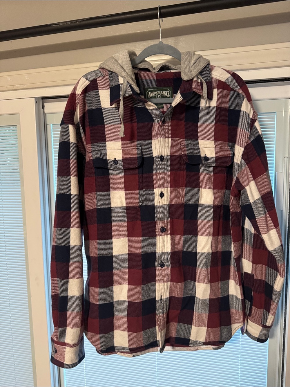 American Eagle Outfitters Burgundy Navy White Plaid Hooded Button-Down Shirt